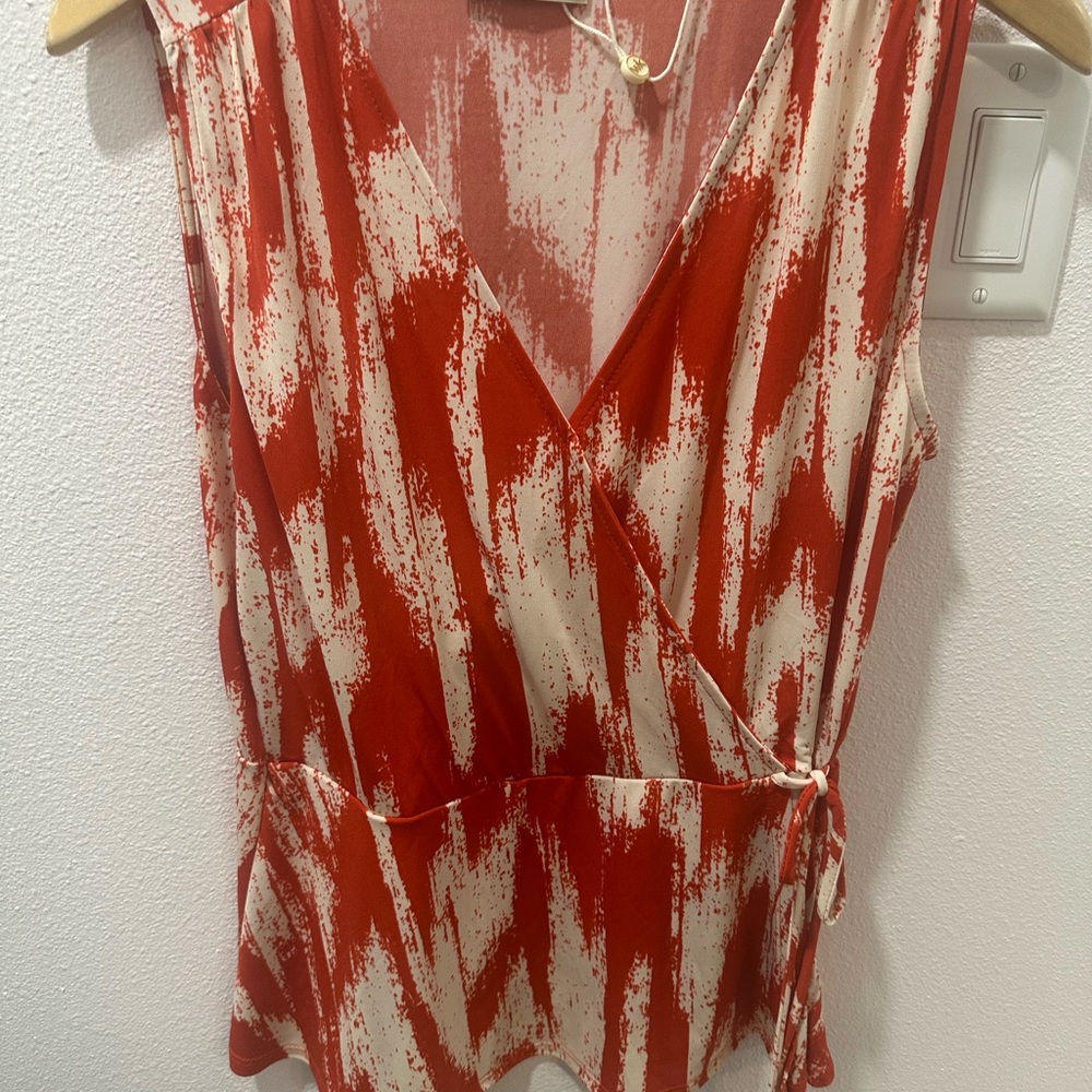 Elegant Red and Cream Wrap Blouse